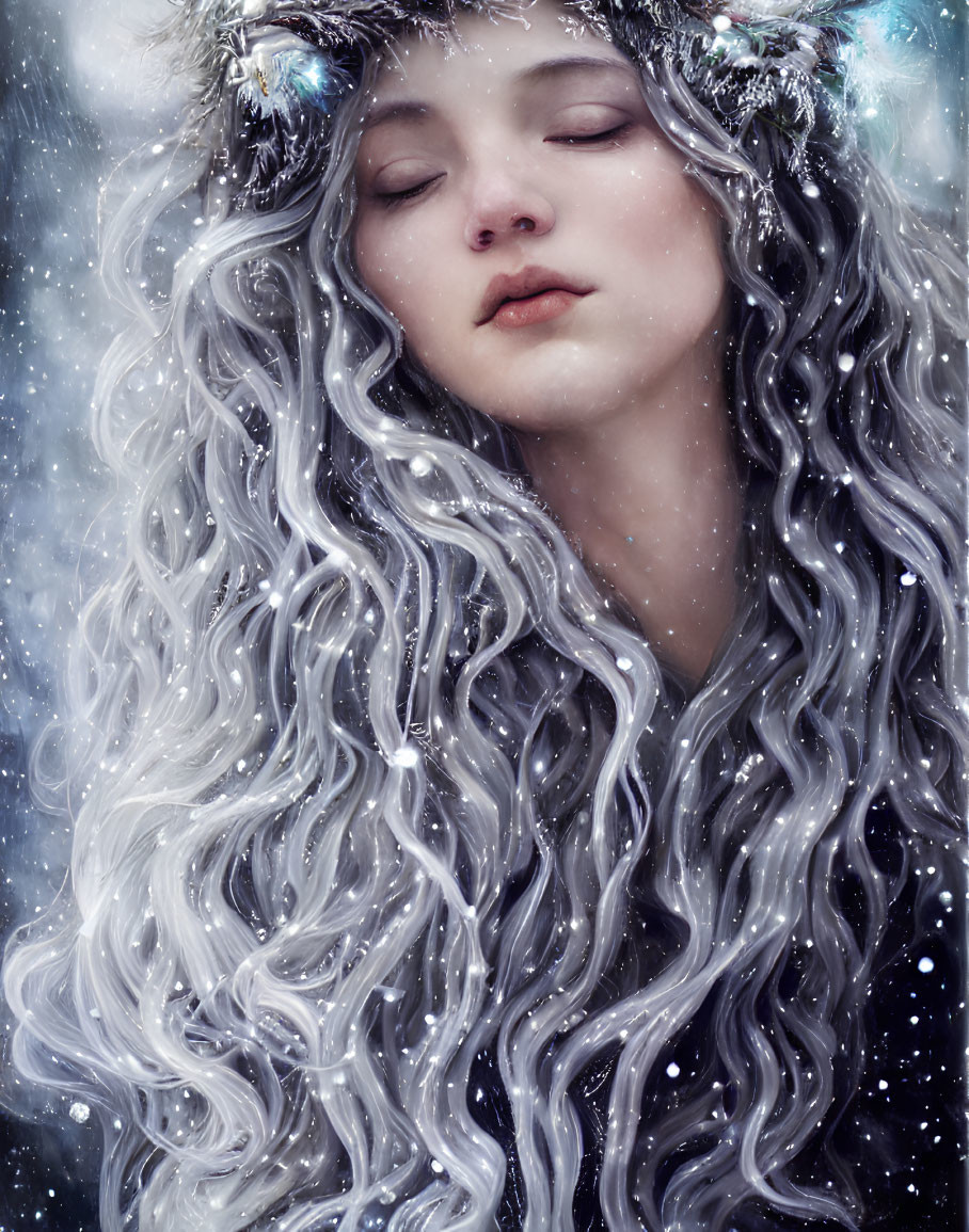Illustration of woman with wavy hair and winter foliage crown in snowfall