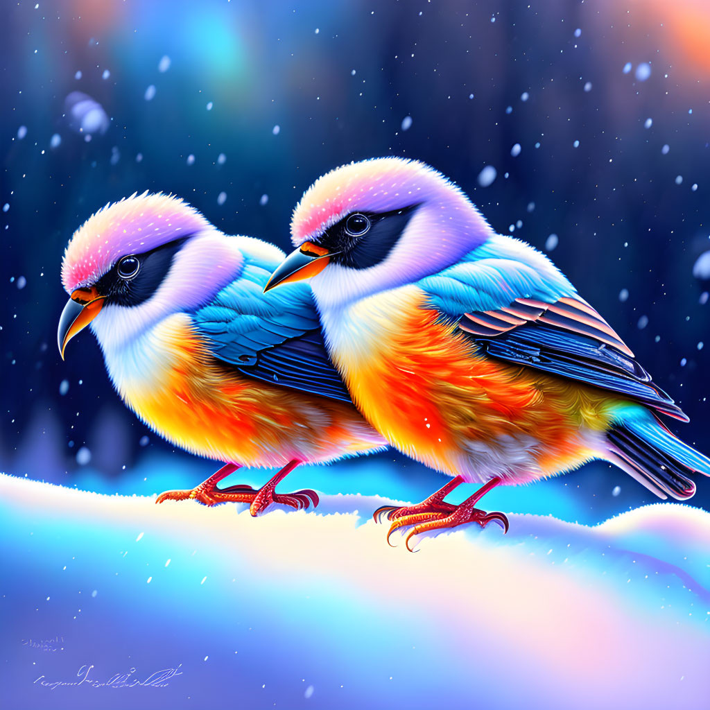 Colorful Birds Perched on Snowy Branch