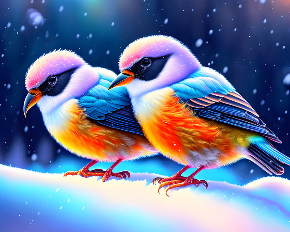 Colorful Birds Perched on Snowy Branch