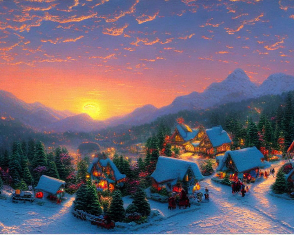 Winter Village Sunset: Snowy Houses, Vibrant Sky, Mountains