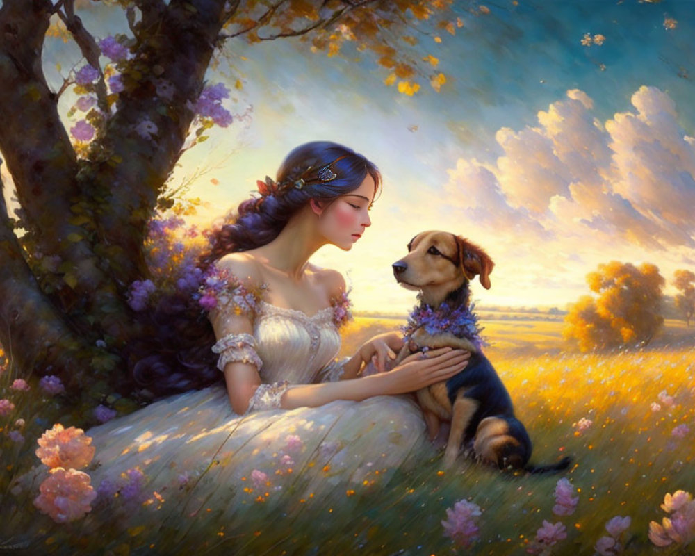 Woman in floral dress petting loyal dog in sunlit meadow