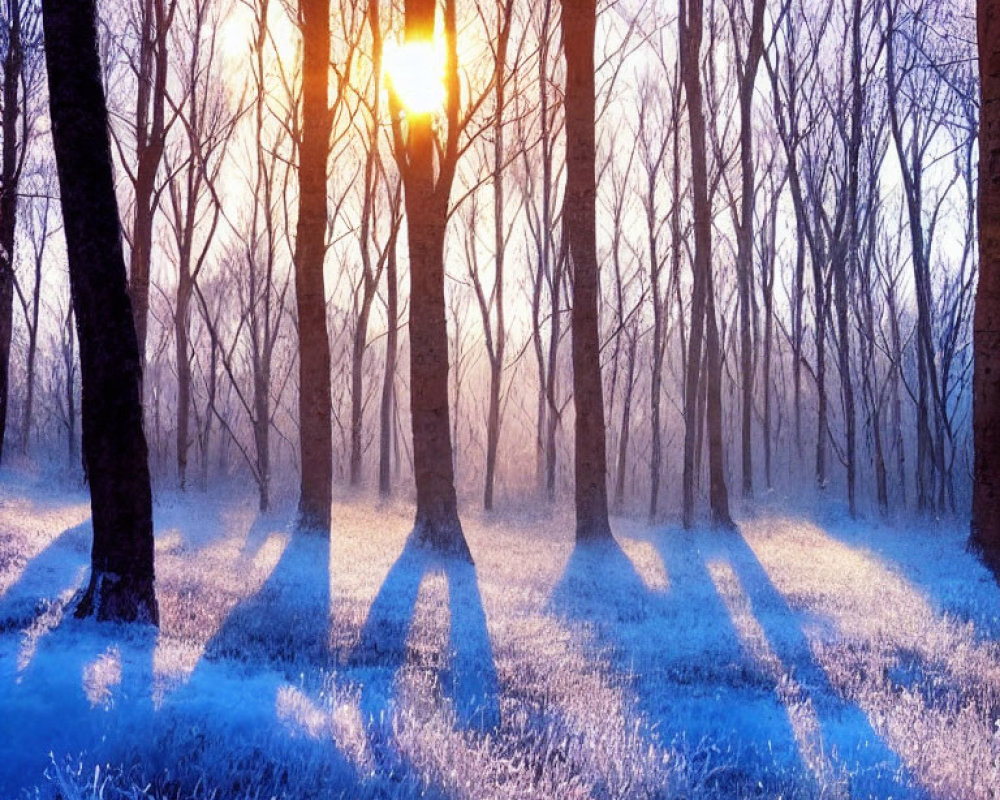 Winter sunrise illuminates frosty forest with long shadows on icy ground