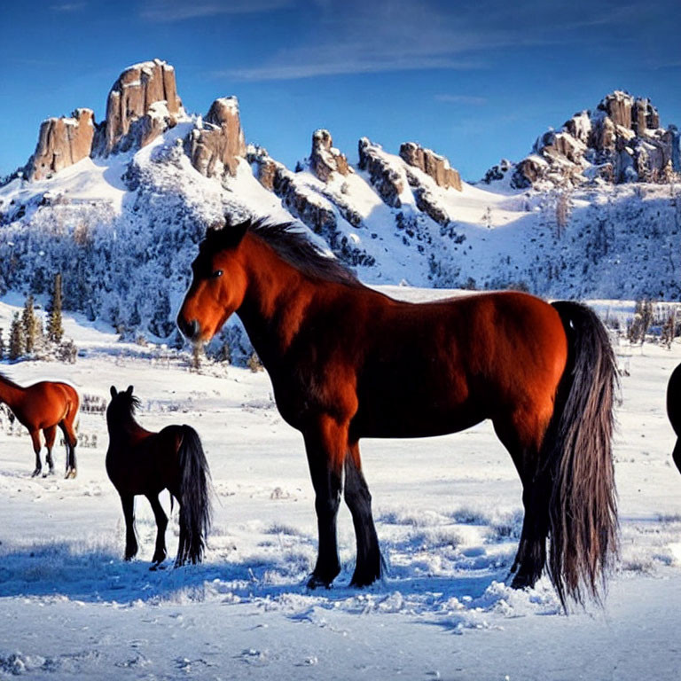 Snow-covered field with horses and rocky peaks under blue sky