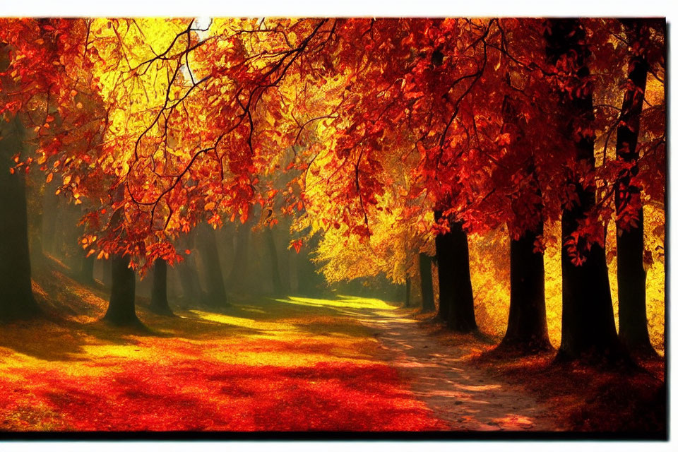 Sunlit Pathway Through Vibrant Autumn Forest with Red and Orange Canopy