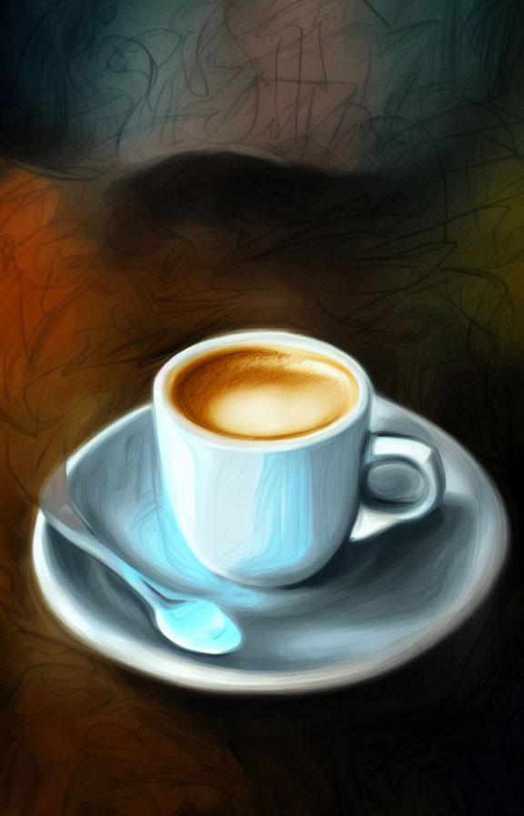 Digital painting of steaming coffee cup on saucer with spoon, warm abstract background