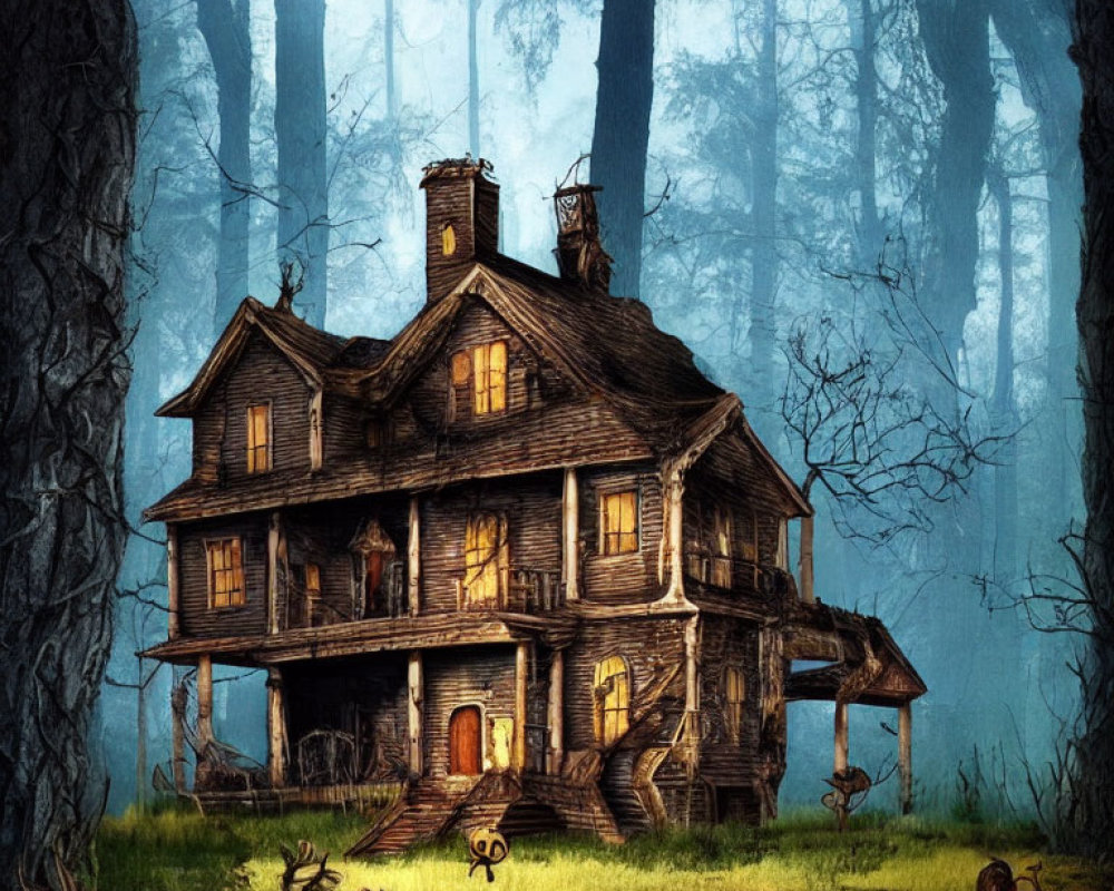 Eerie two-story wooden house in dense forest with mist and bones