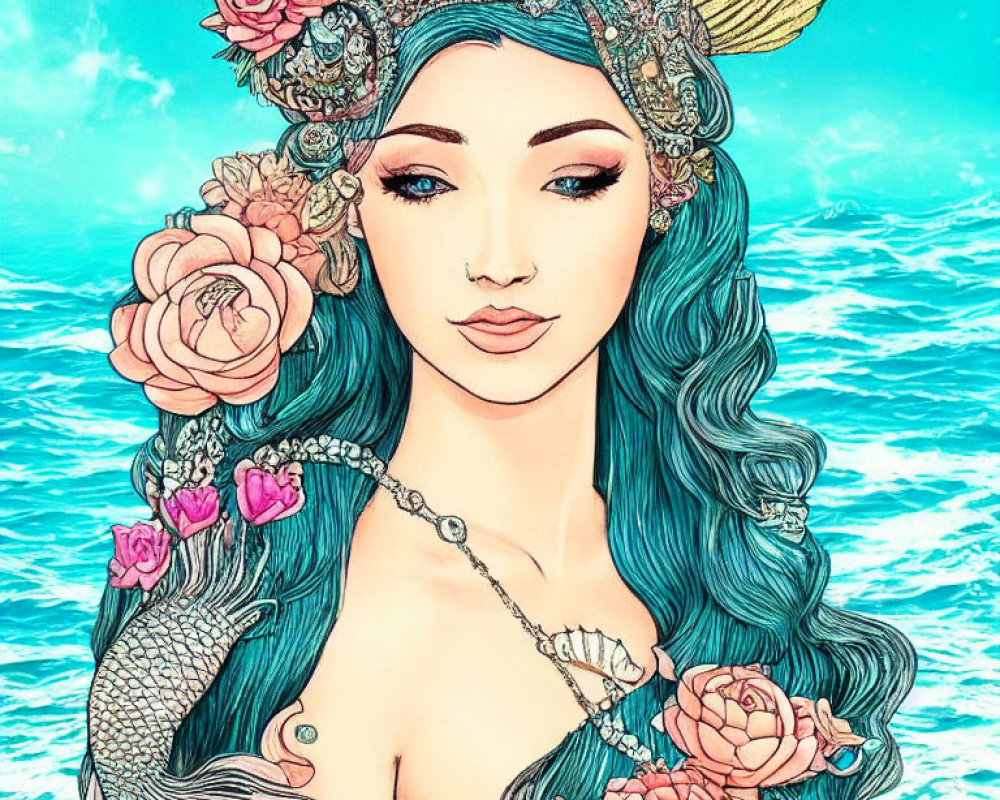 Mermaid with Blue Hair and Seashell Crown in Teal Ocean