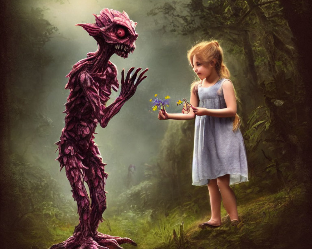 Young girl in blue dress offers flowers to fantastical creature in mystical forest.