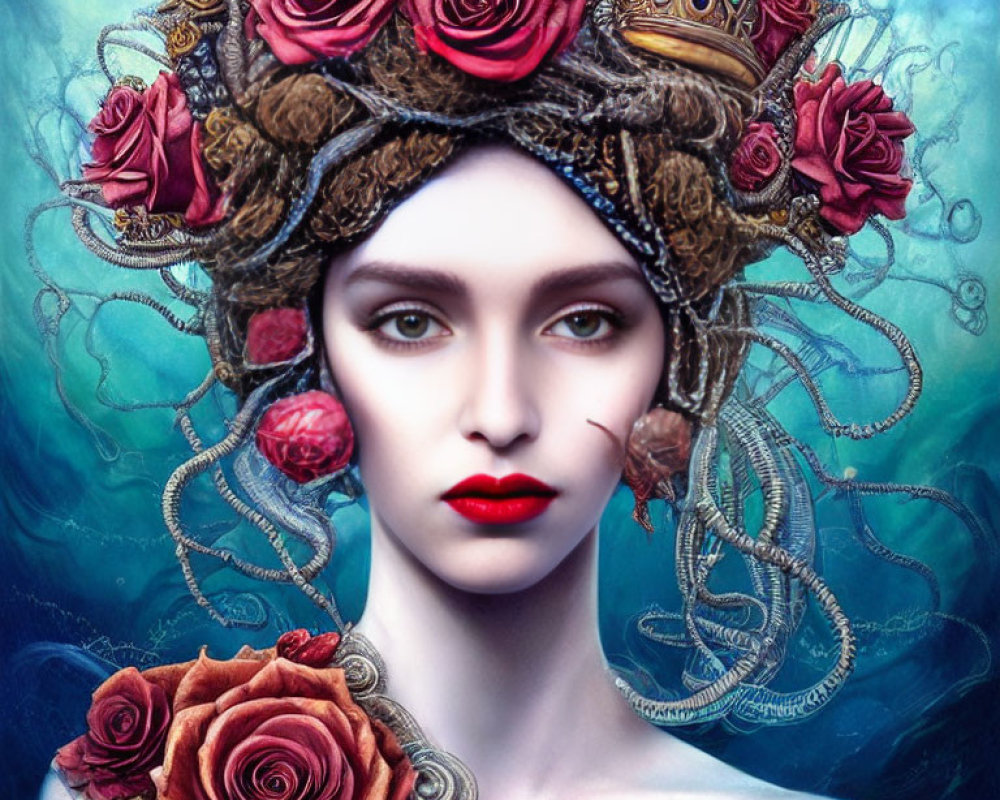 Pale-skinned woman with red lips in rose headpiece and golden jewelry on blue backdrop