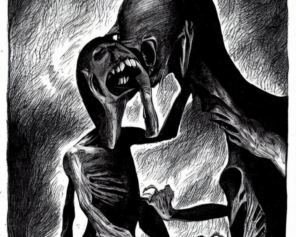 Monochromatic sketch of two skeletal figures in embrace