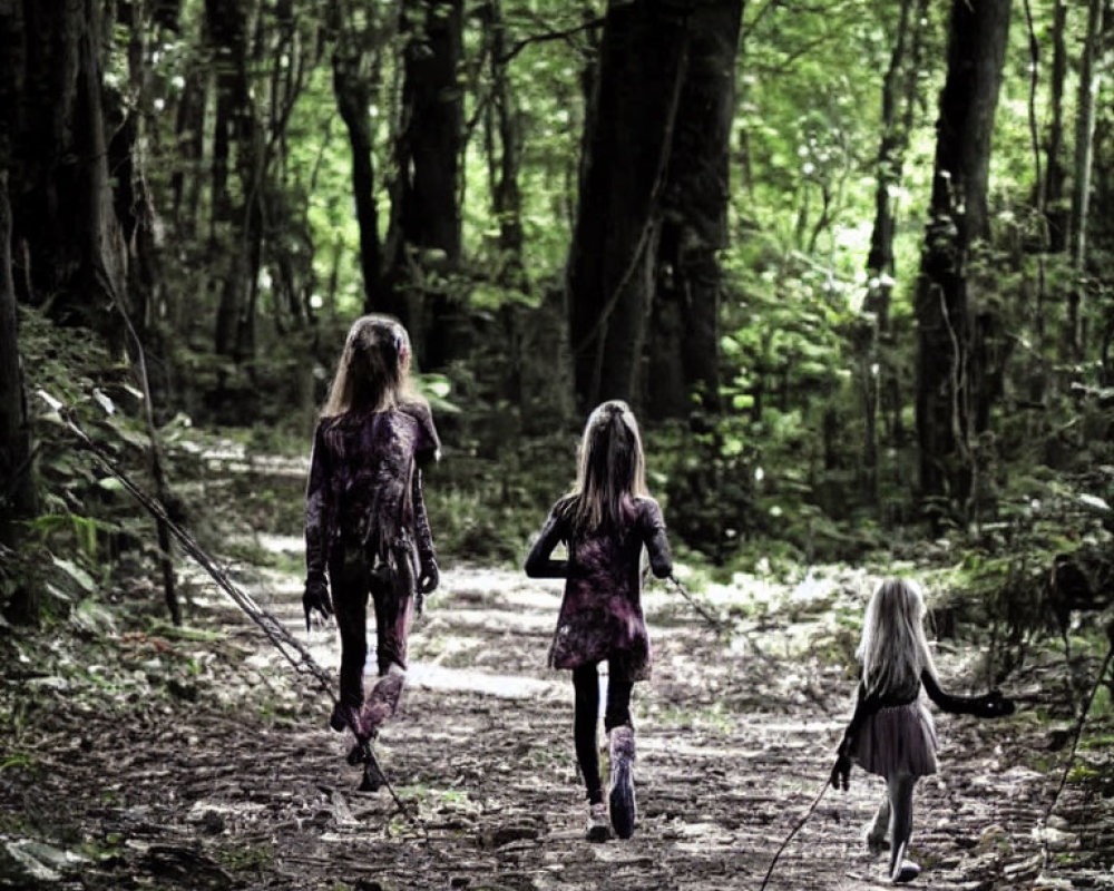 Three Children Walking on Forest Path Amid Greenery