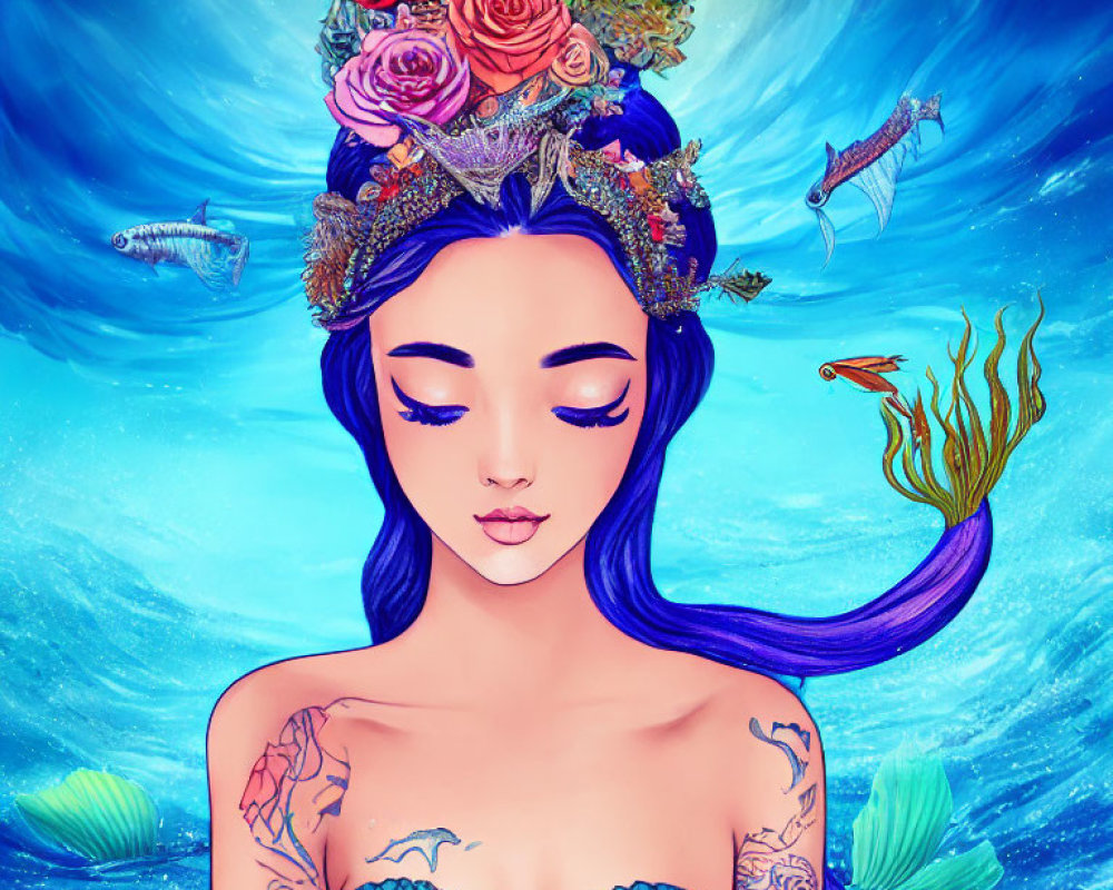 Woman with Blue Hair and Flower Crown in Mermaid Style with Sea Elements