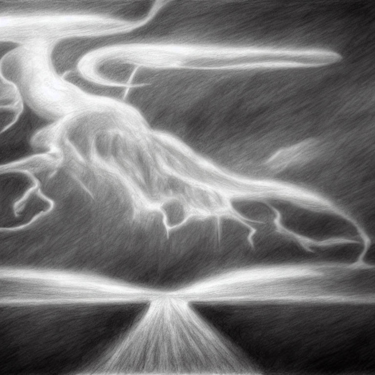 Monochrome pencil drawing of abstract swirling lines