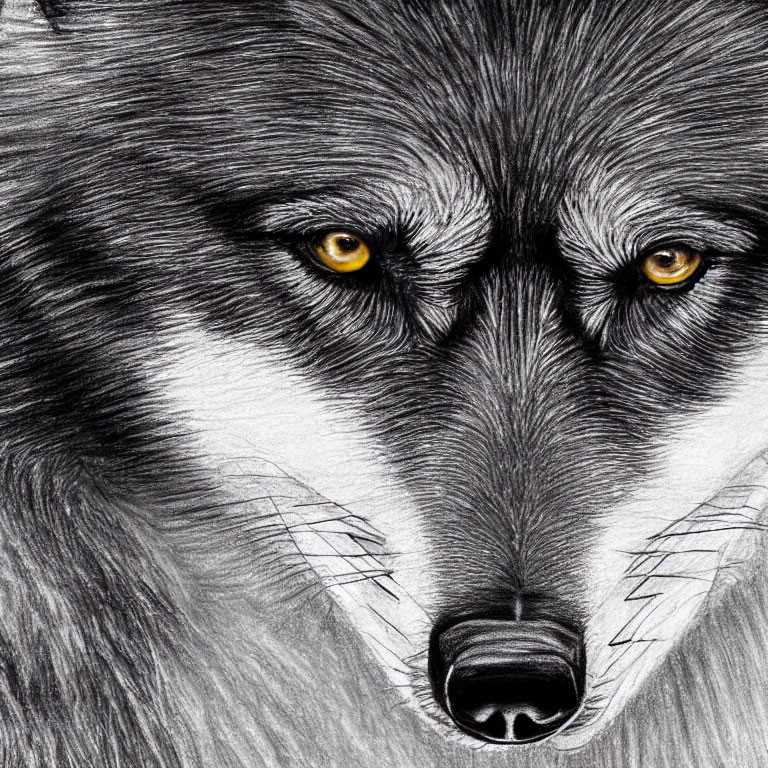 Detailed pencil drawing of a wolf with intricate fur shading and intense yellow eyes