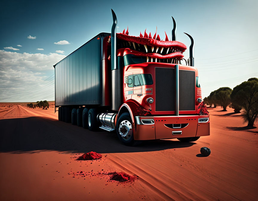 Red Semi-Truck with Dragon-Like Spikes on Desert Road