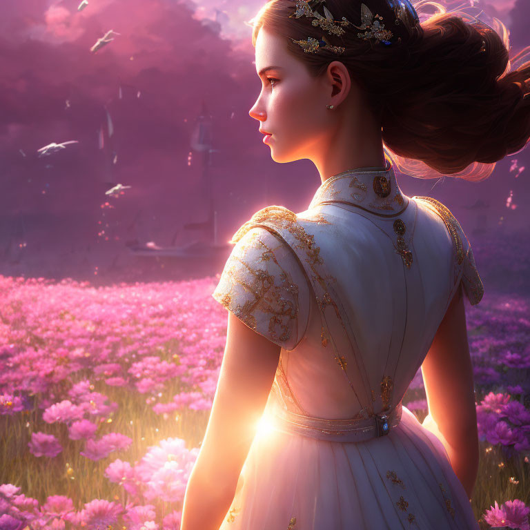 Elegant young woman in purple field at golden hour