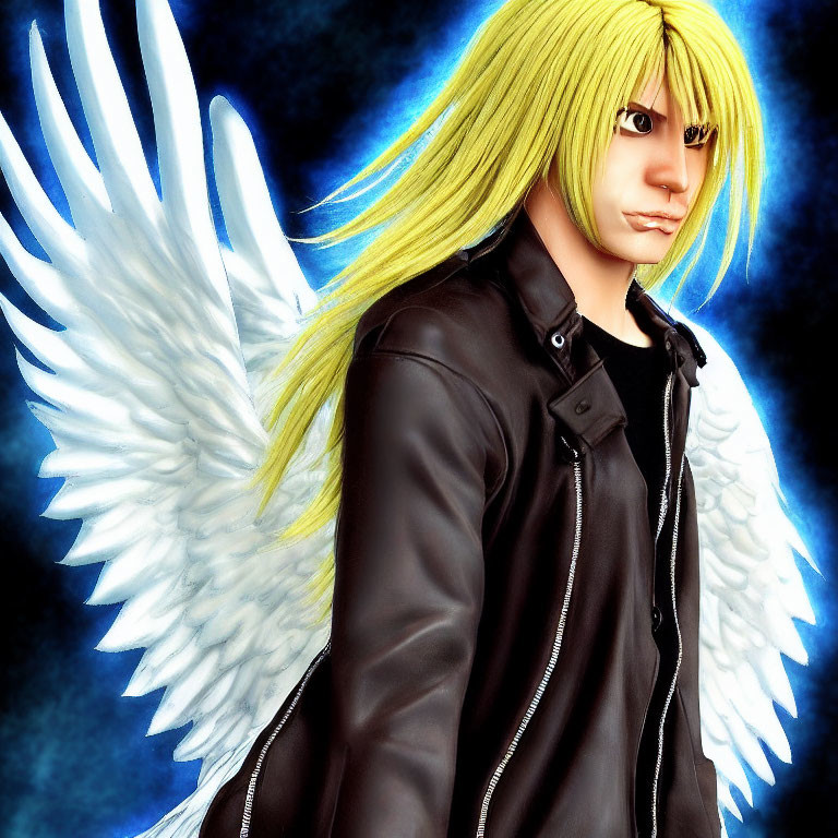 Digital illustration of person with long blonde hair, white wings, black leather jacket on dark blue background