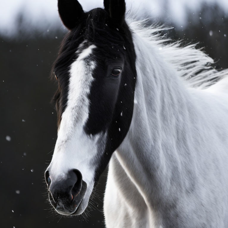 Black and white horse with striking mane in snow, exuding serene beauty