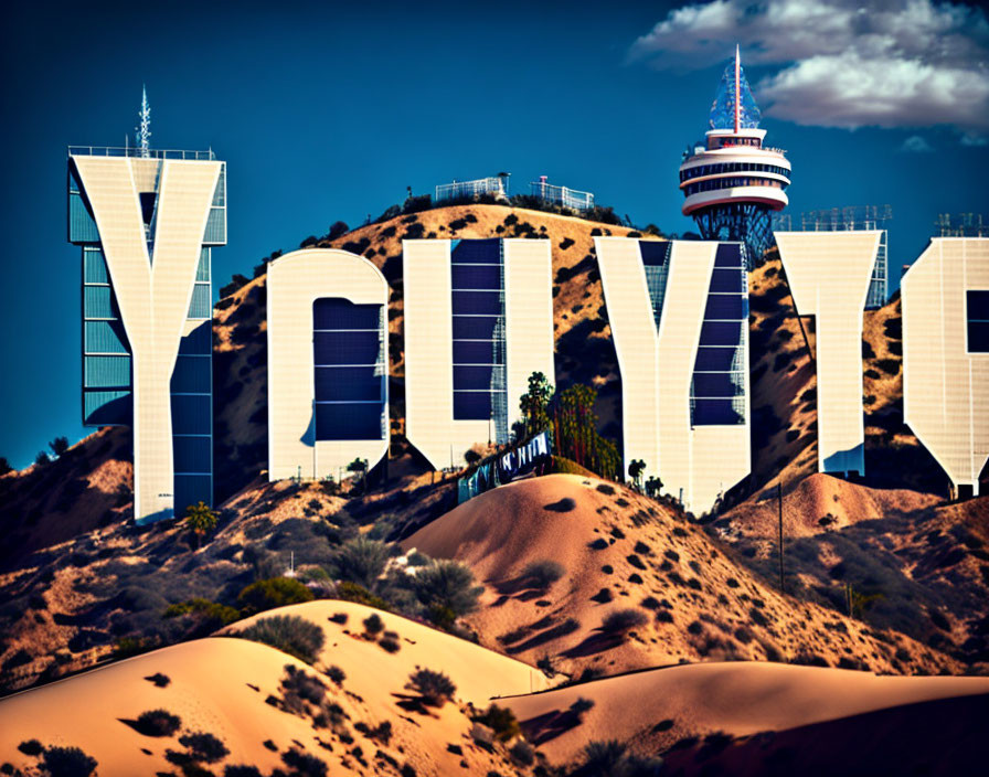 Famous Hollywood hillside letters with desert landscape and blue sky