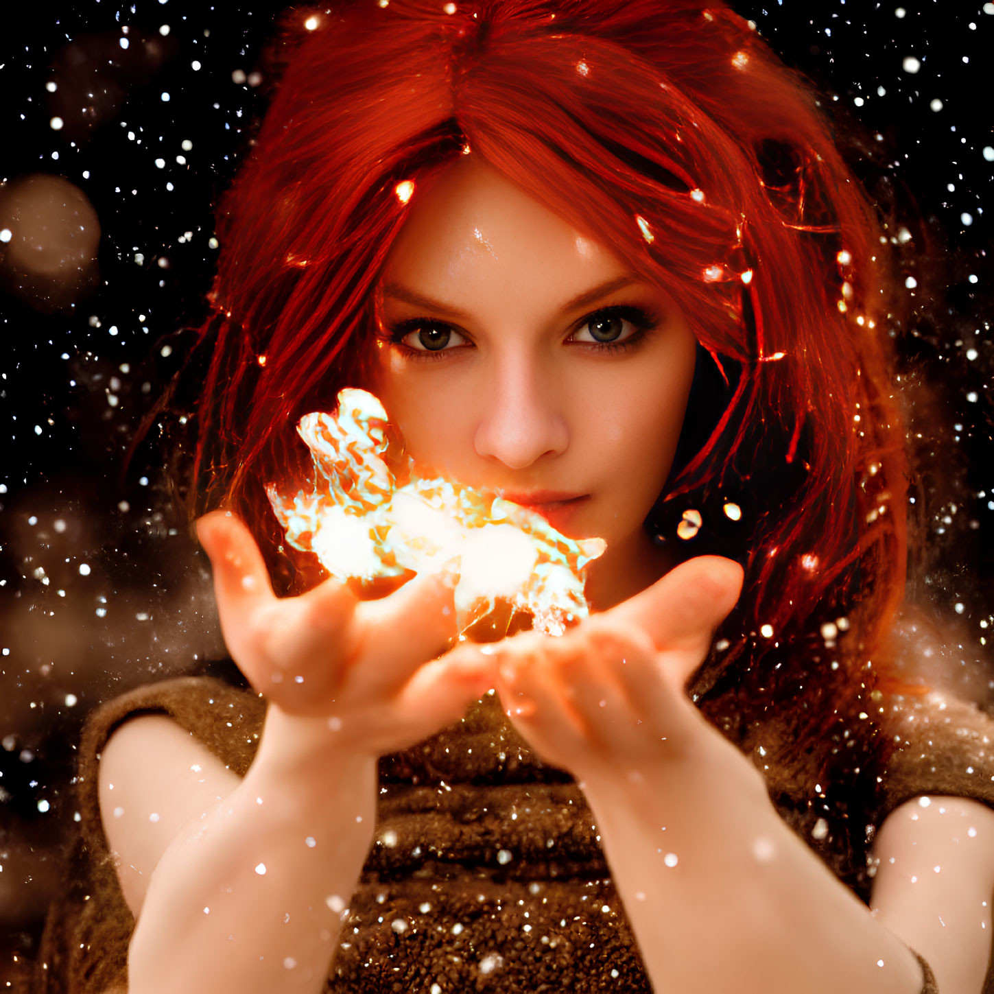 Vivid red-haired woman with blue eyes holding fiery orb in mystical setting