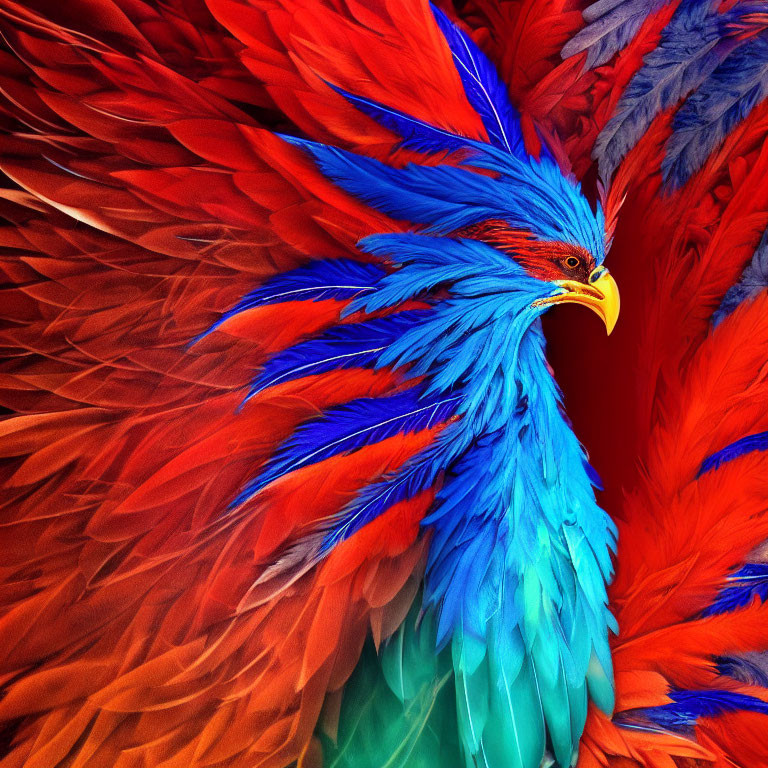 Vibrantly colored bird with red body and blue feathers around head and neck