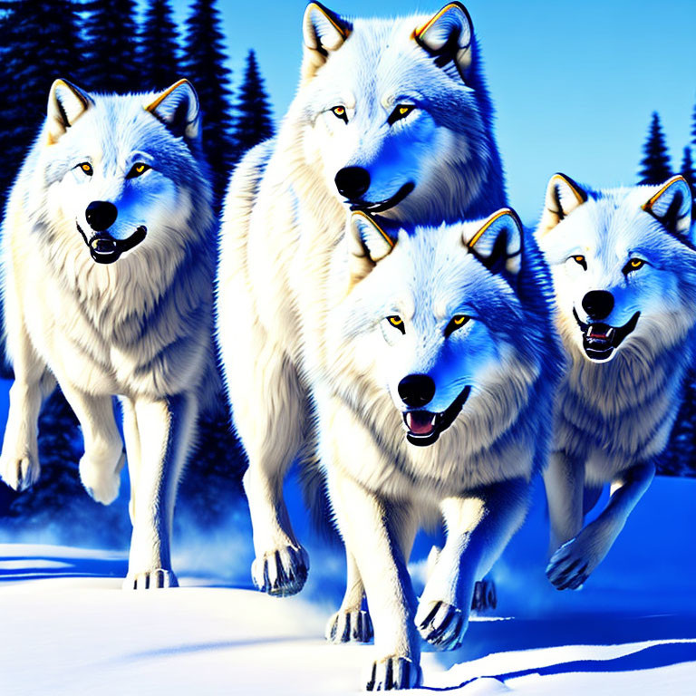 Four Stylized Animated Wolves Running in Snowy Forest