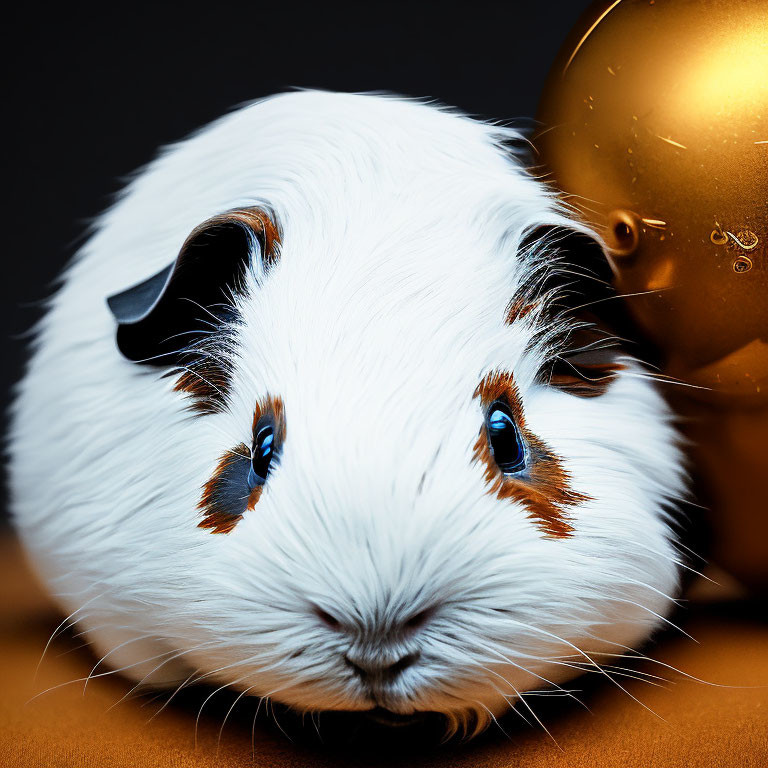 White Guinea Pig with Black and Tan Patches and Blue Eyes Next to Golden Sphere