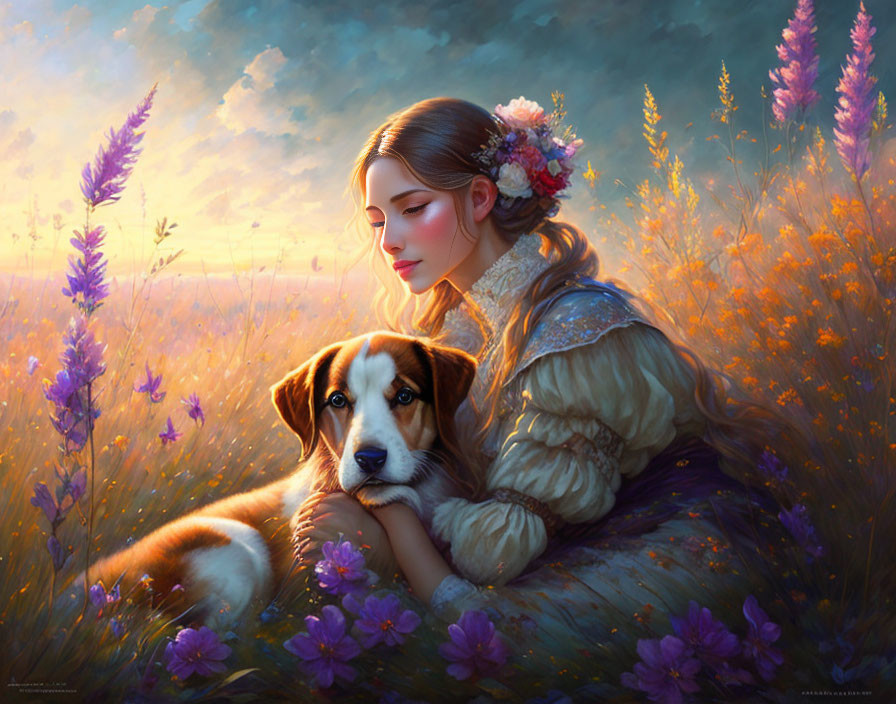Woman with Flowers in Hair Embraces Dog in Meadow at Dusk