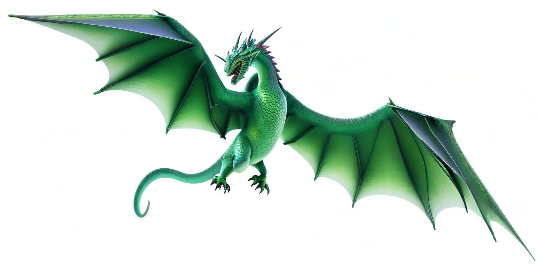 Vibrant Green Dragon with Expansive Wings and Sharp Horns Soaring Against White Background