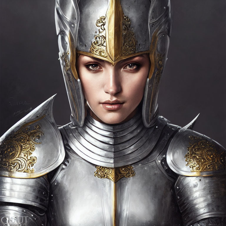 Medieval armor portrait of a woman with gold embellishments and raised visor.