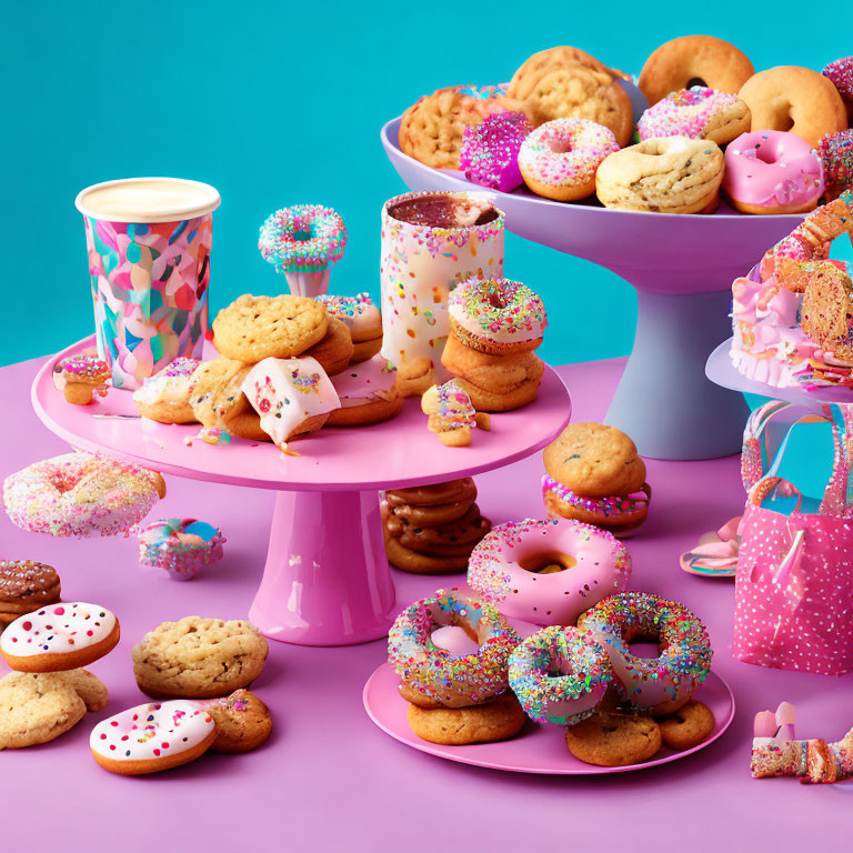 Assortment of Colorful Donuts, Cookies, and Treats on Pink Stand