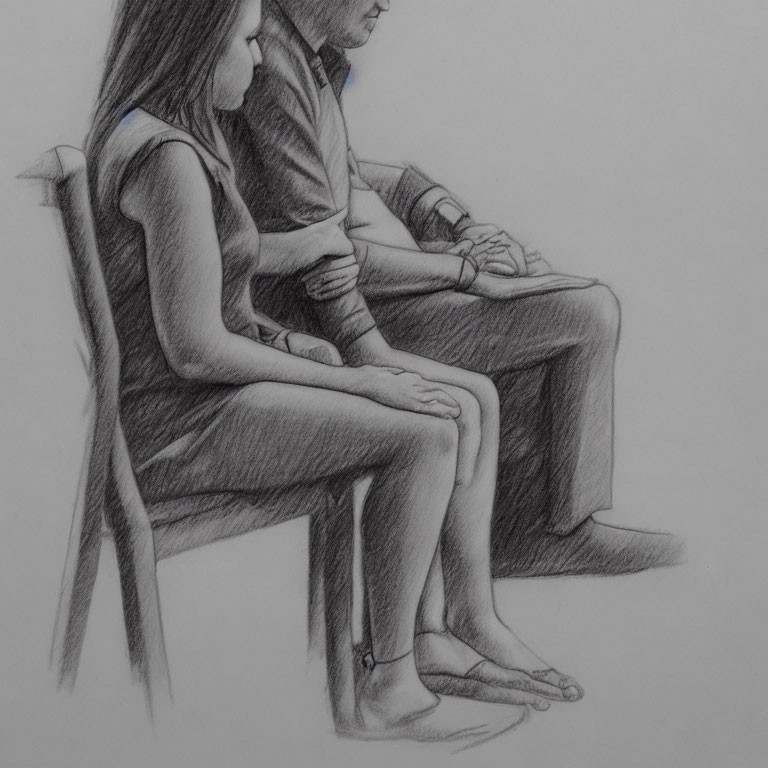Detailed pencil drawing of seated man and woman, bodies from shoulders to knees.