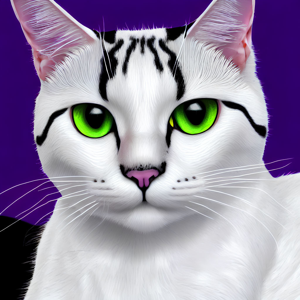 Close-up White Cat with Green Eyes and Pink Nose on Purple Background