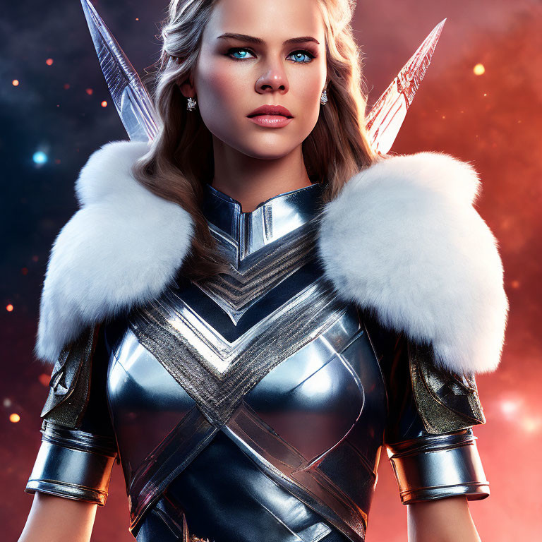 Blue-eyed woman in futuristic silver armor with white fur, set in cosmic background