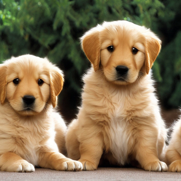 Golden retriever puppies sitting together with green backdrop.