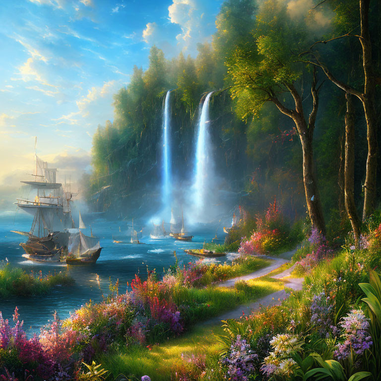 Tranquil landscape with tall ship, small boats, waterfalls, cliffs, and lush flora