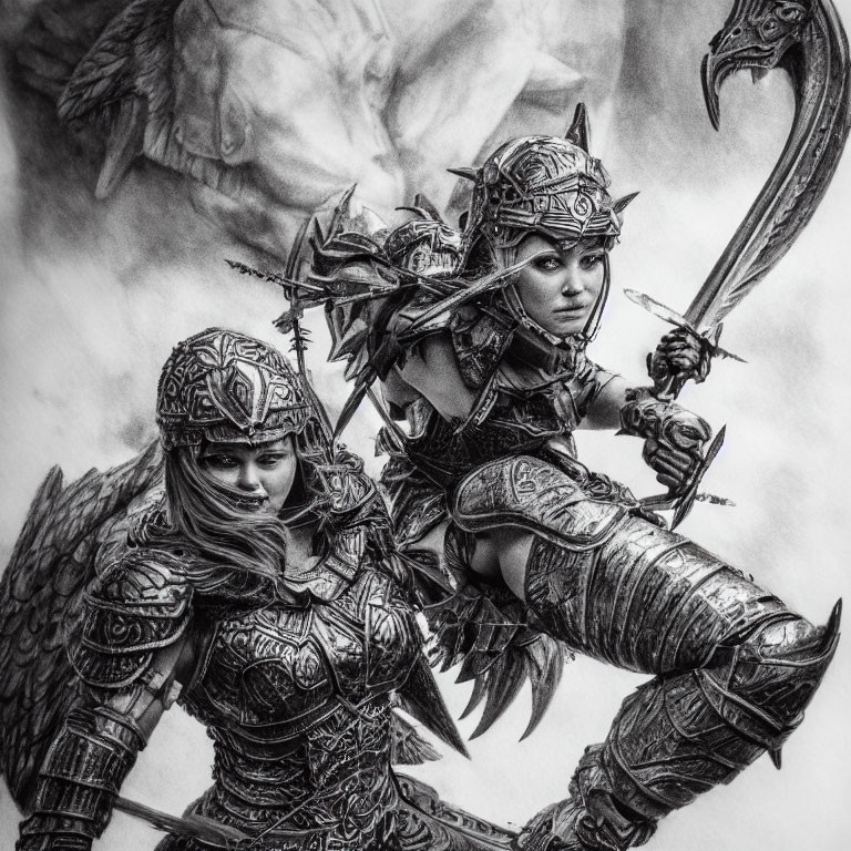 Female warriors in intricate armor ready for battle with determined expressions