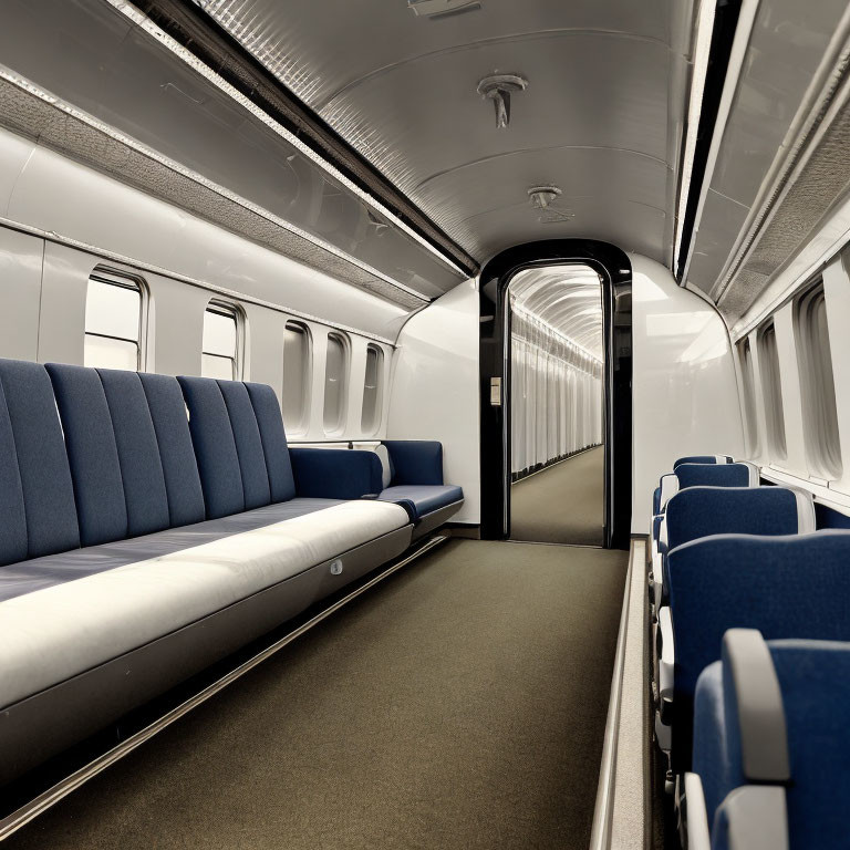 Empty train carriage with blue seats and central aisle.