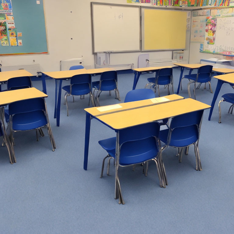 Classroom with Blue Chairs, Desks, and Whiteboards