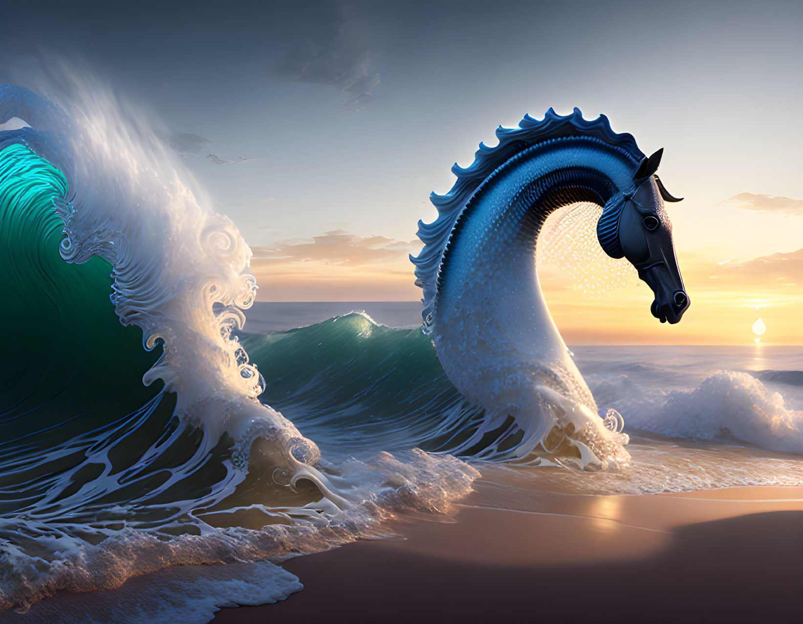 Ocean wave shaped like a horse on sunset beach