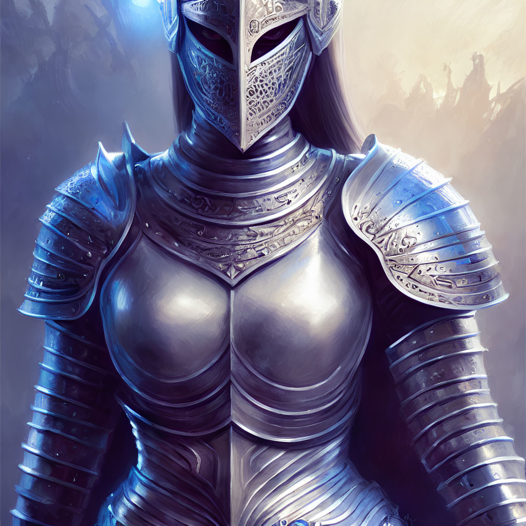Detailed Illustration: Female Knight in Ornate Silver Armor on Muted Background
