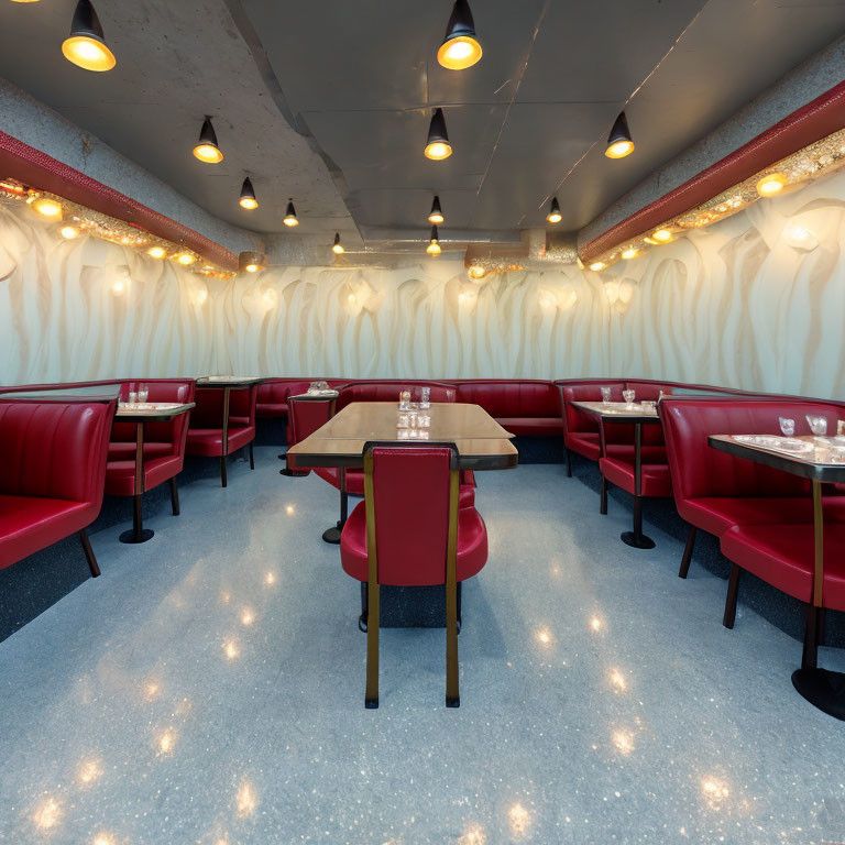 Vintage Diner with Red Booths, Wooden Tables, Starry Flooring & Pendant Lights