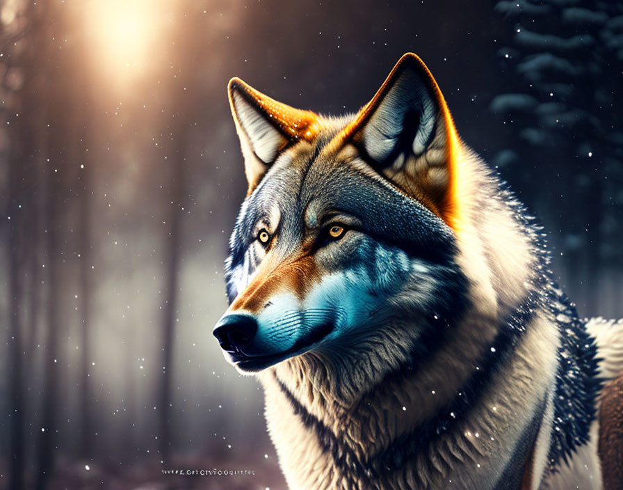 Realistic wolf artwork with intense eyes in snowy backdrop