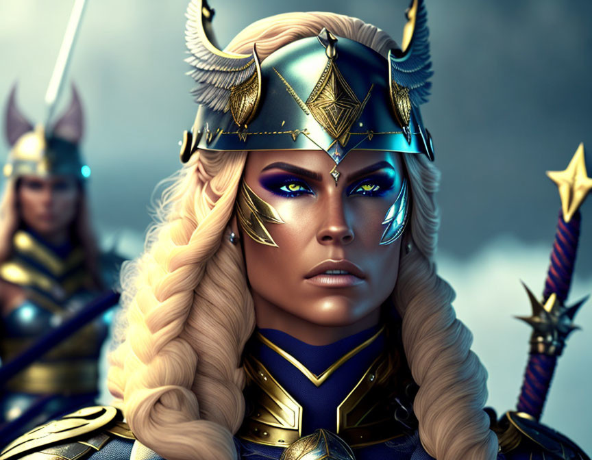 Realistic digital art: Valkyrie with long blonde hair, blue eyes, and decorated helmet.