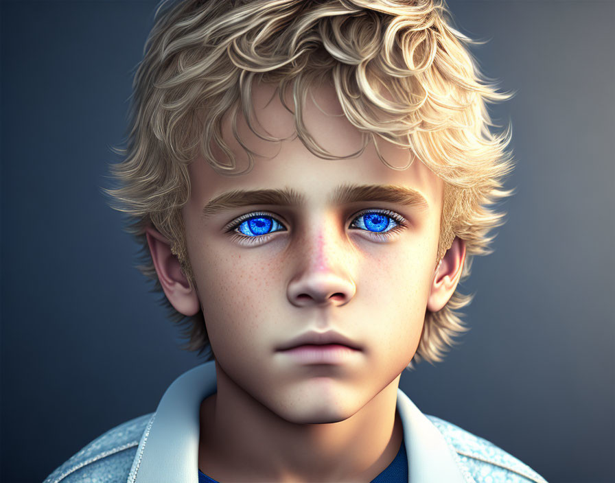 Portrait of a boy with curly blond hair and blue eyes on dark background
