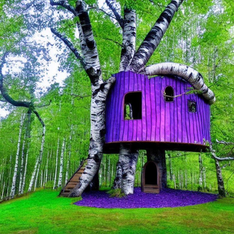 Whimsical Purple Treehouse in Lush Birch Forest