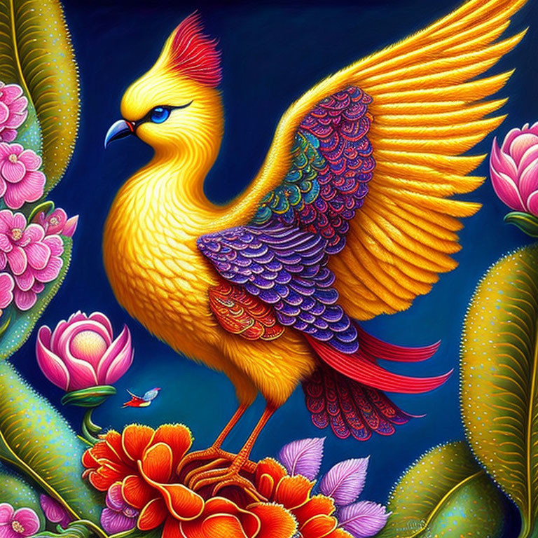 Colorful Phoenix Among Pink Flowers and Starry Sky