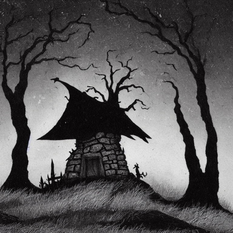 Monochrome illustration of witch's hut with large hat-like roof and barren trees.