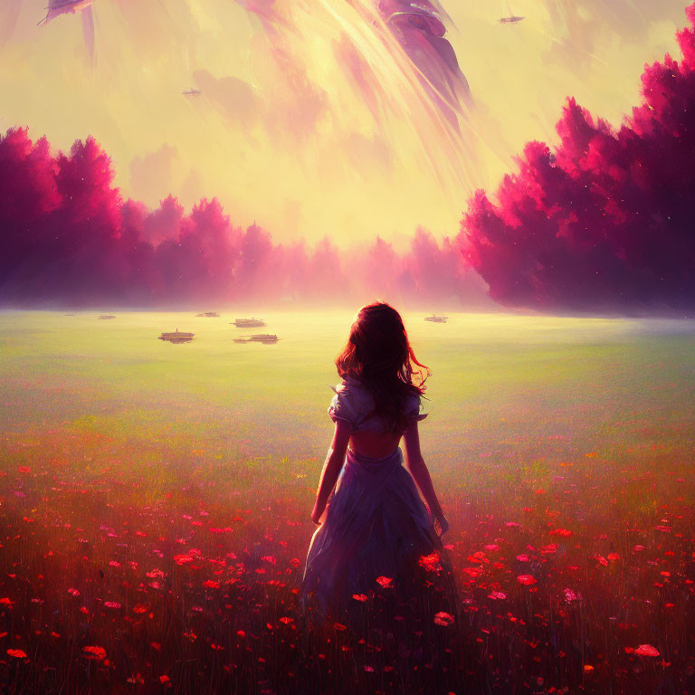 Young girl in dress in vibrant field of red flowers under cosmic sky