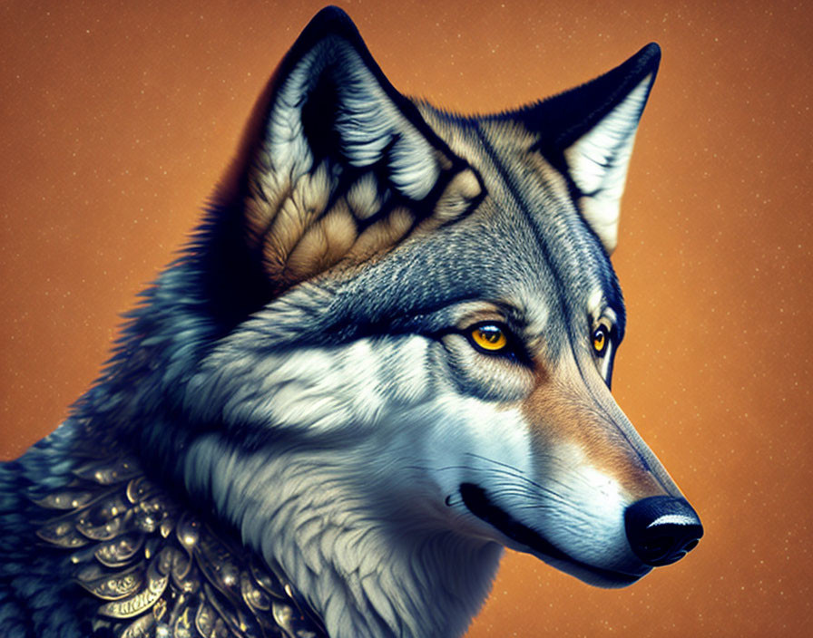 Detailed Wolf Illustration with Amber Eyes and Ornate Armor-like Neckwear on Orange Background